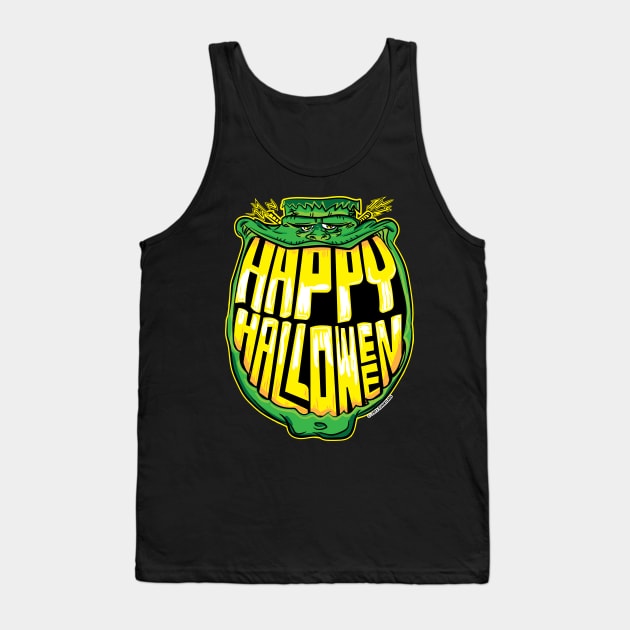 Happy Halloween Frankenstein Grin in his Grill Tank Top by eShirtLabs